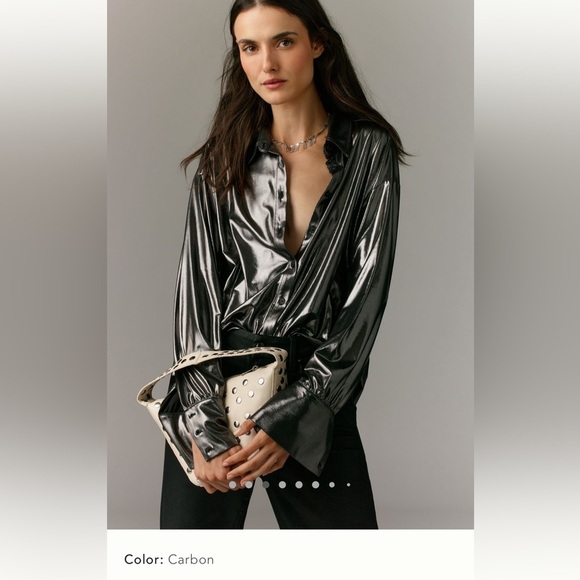 NWT new SP small petite Anthropologie shine button down shirt carbon gunmetal - Picture 1 of 17